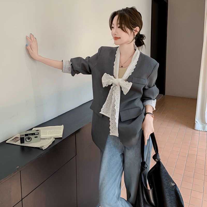 Lace-Panel Gray Casual Blazer