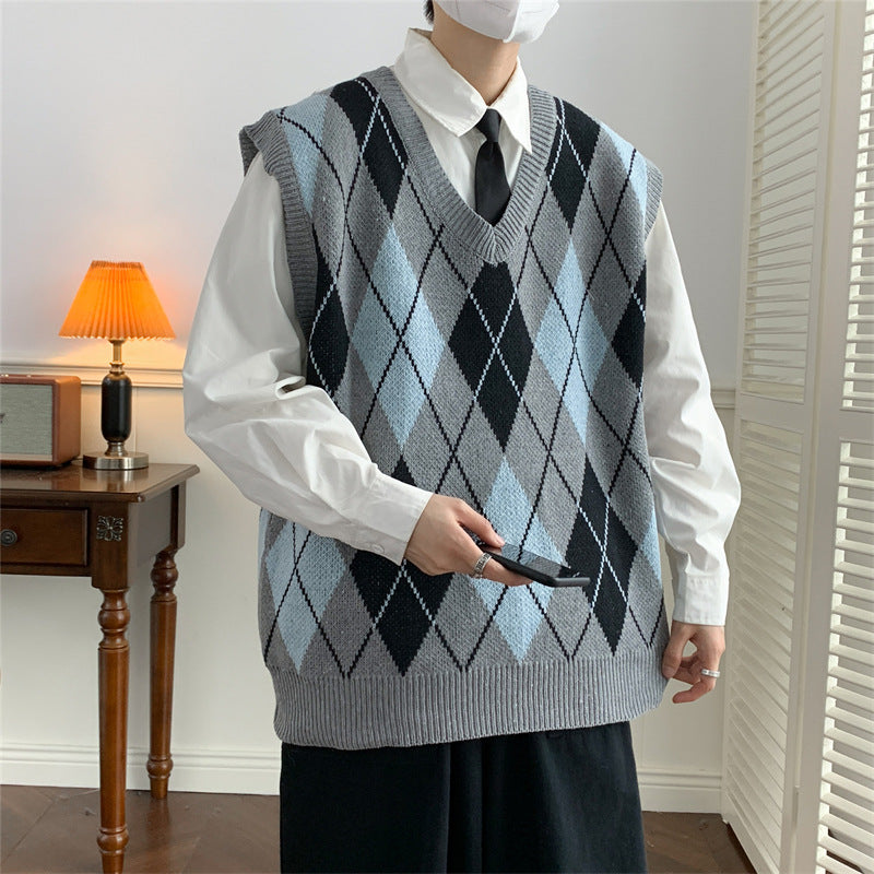 Men's Diamond-pattern V-neck Vest Sweater Vintage Pull-over Vest For Outerwear