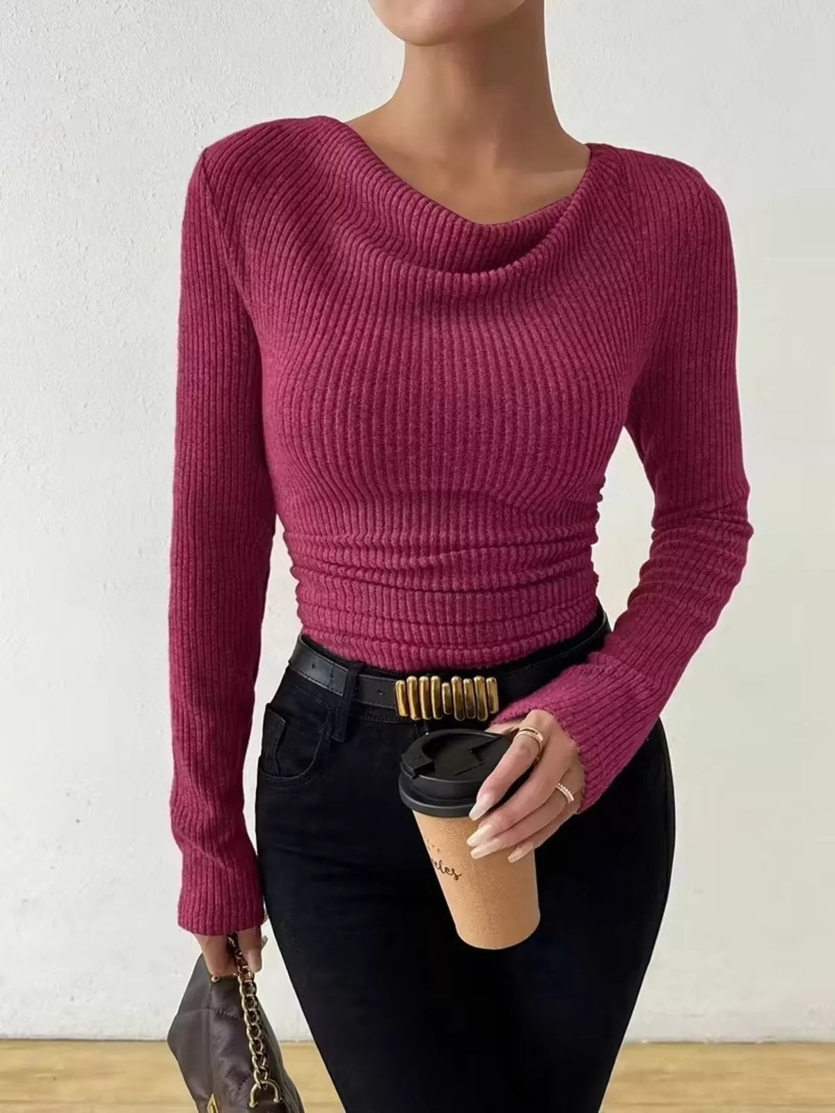 Cowl Neck Ribbed Long Sleeve Sweater
