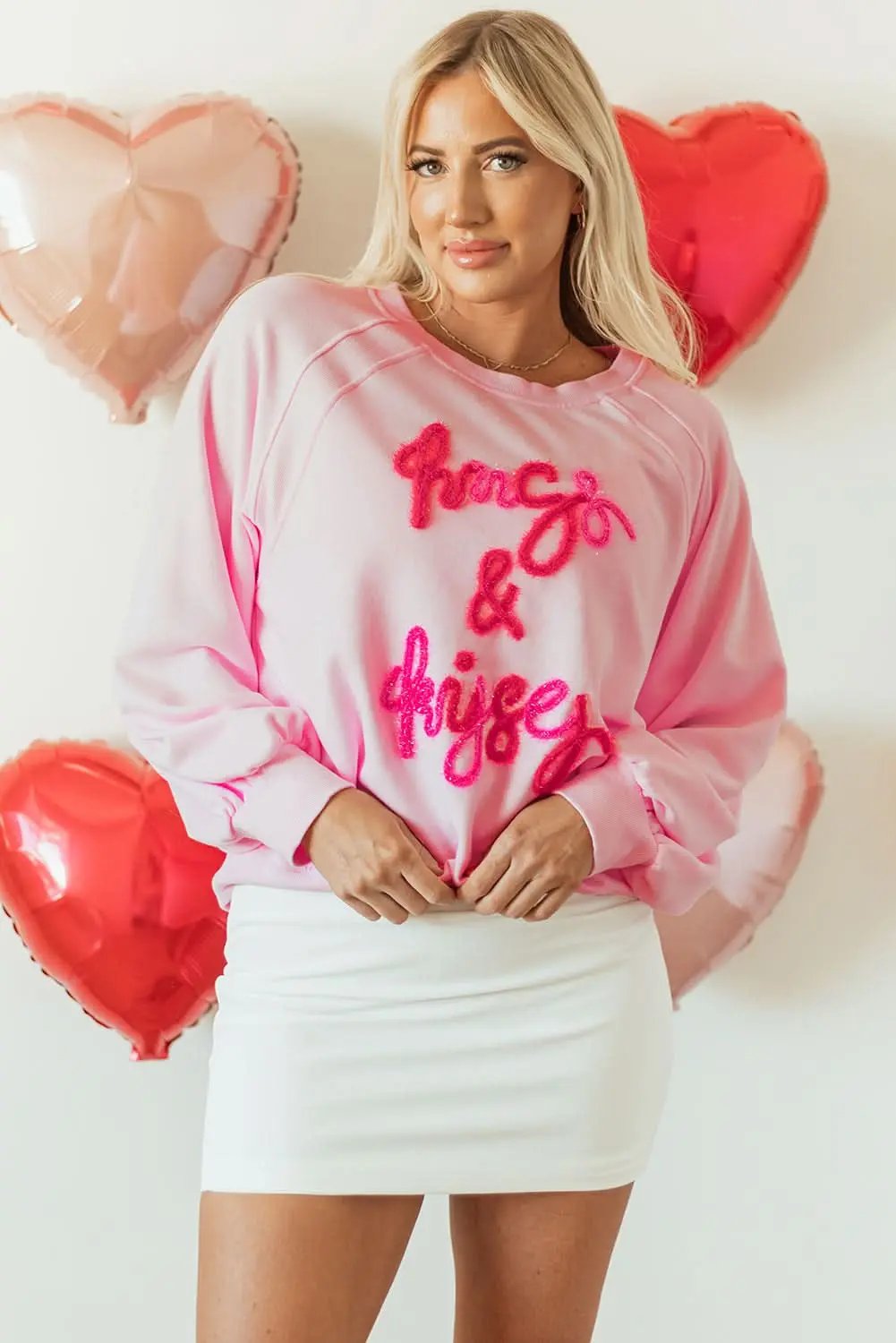 Love Salve Women's Embroidered Sweatshirt Pink Raglan Crew Neck