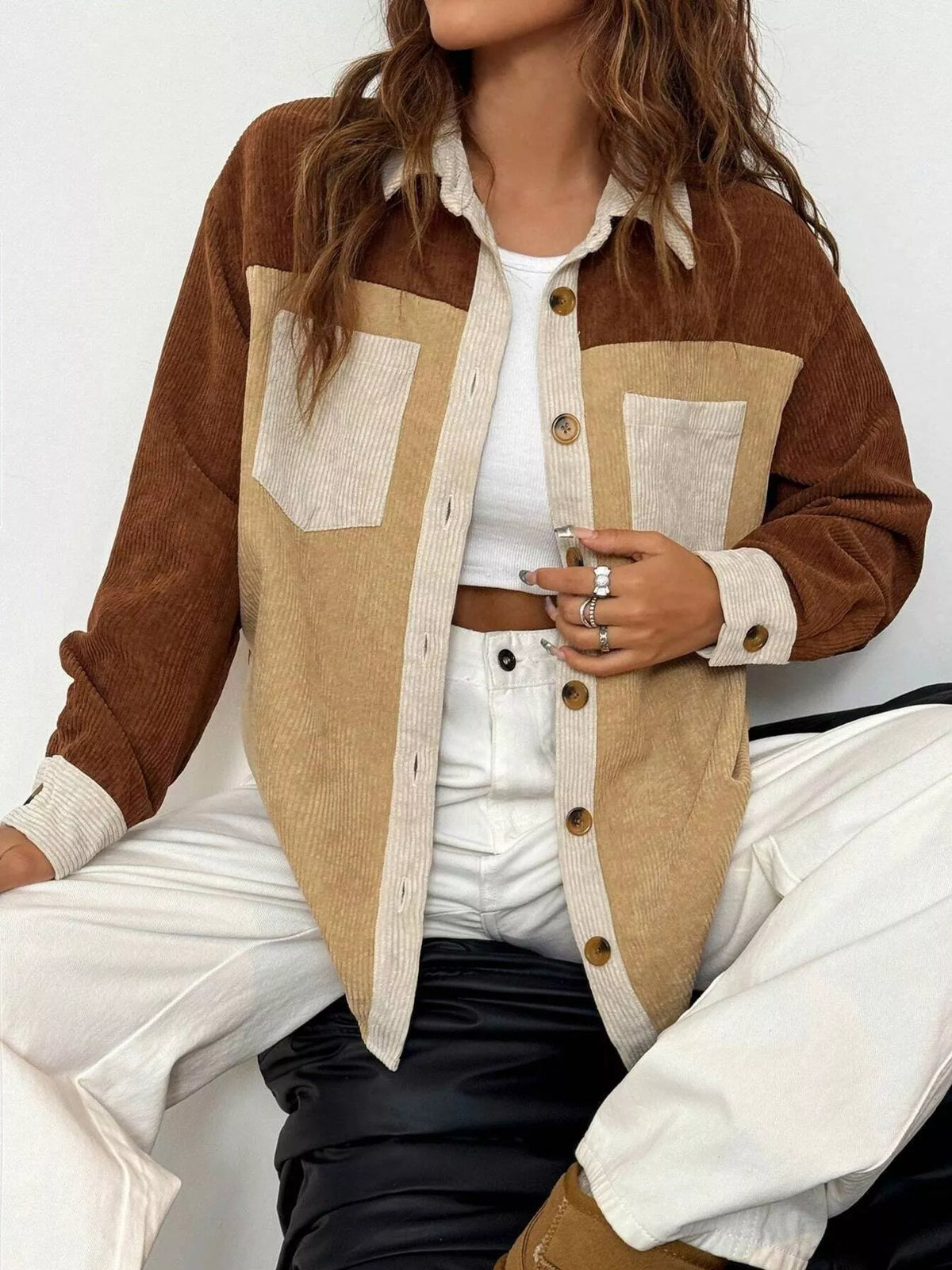 Color Block Corduroy Button-Up Jacket