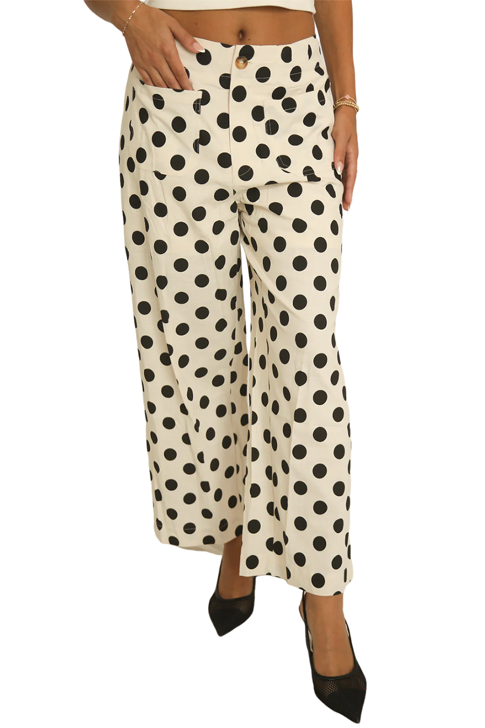 Pantalones Anchos con Bolsillos de Lunares Blancos