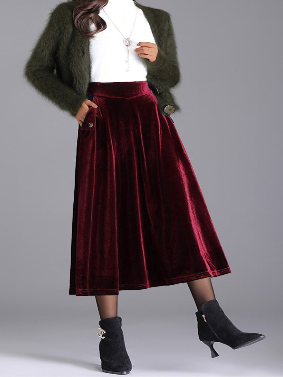 Elegant Velvet A-Line Midi Skirt