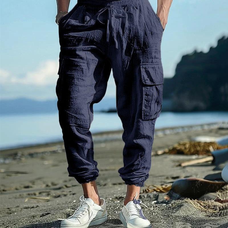 Men's Casual Ankle-tied Multi-pocket Tether Solid Color Loose Pants