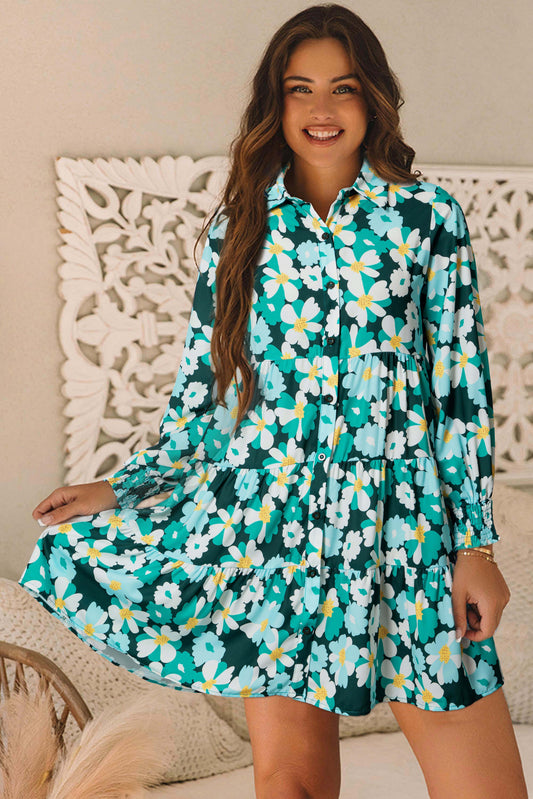 Vestido camisero largo escalonado con mangas abullonadas y estampado floral verde