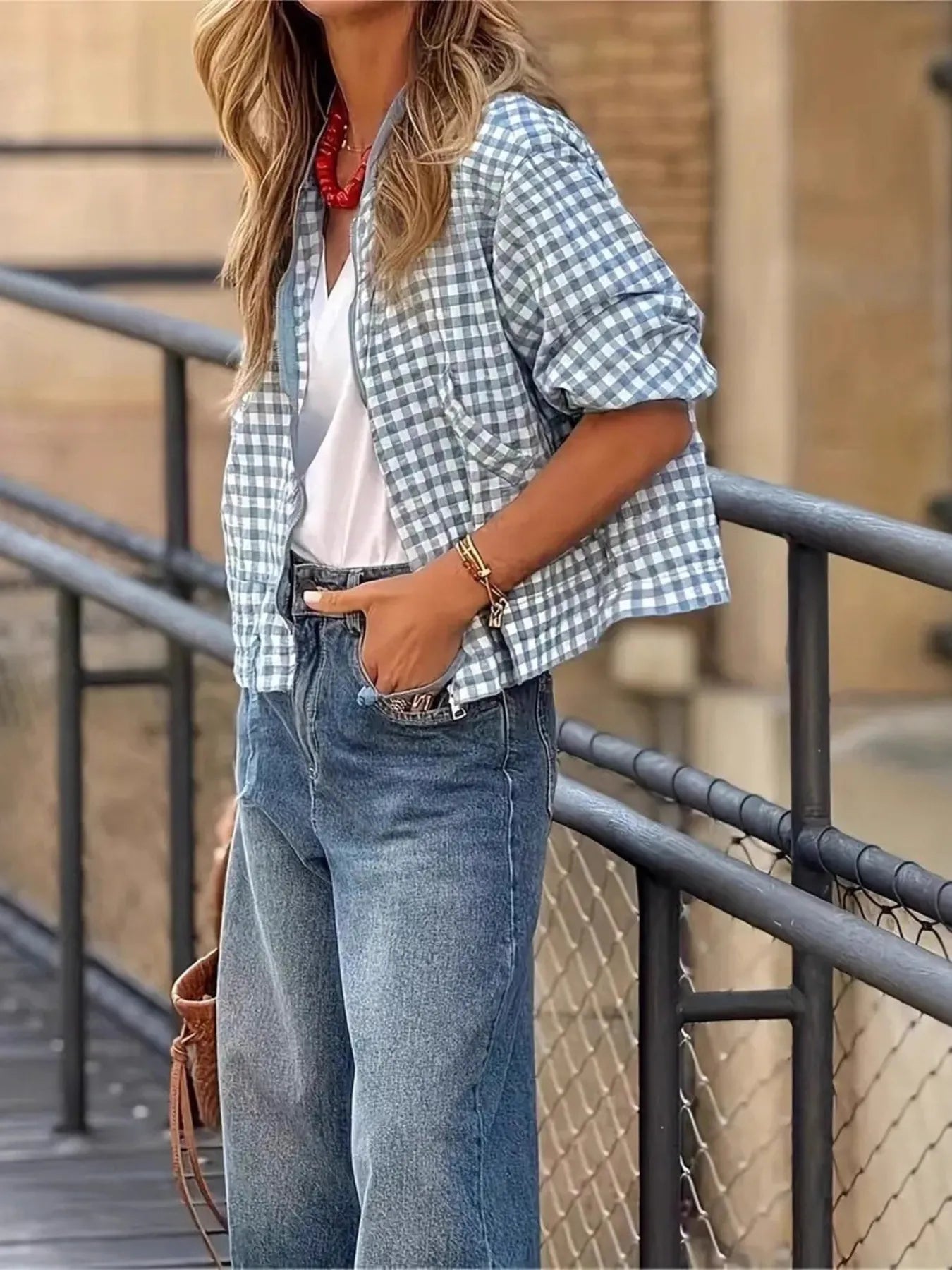 Plaid Zip Up Long Sleeve Jacket