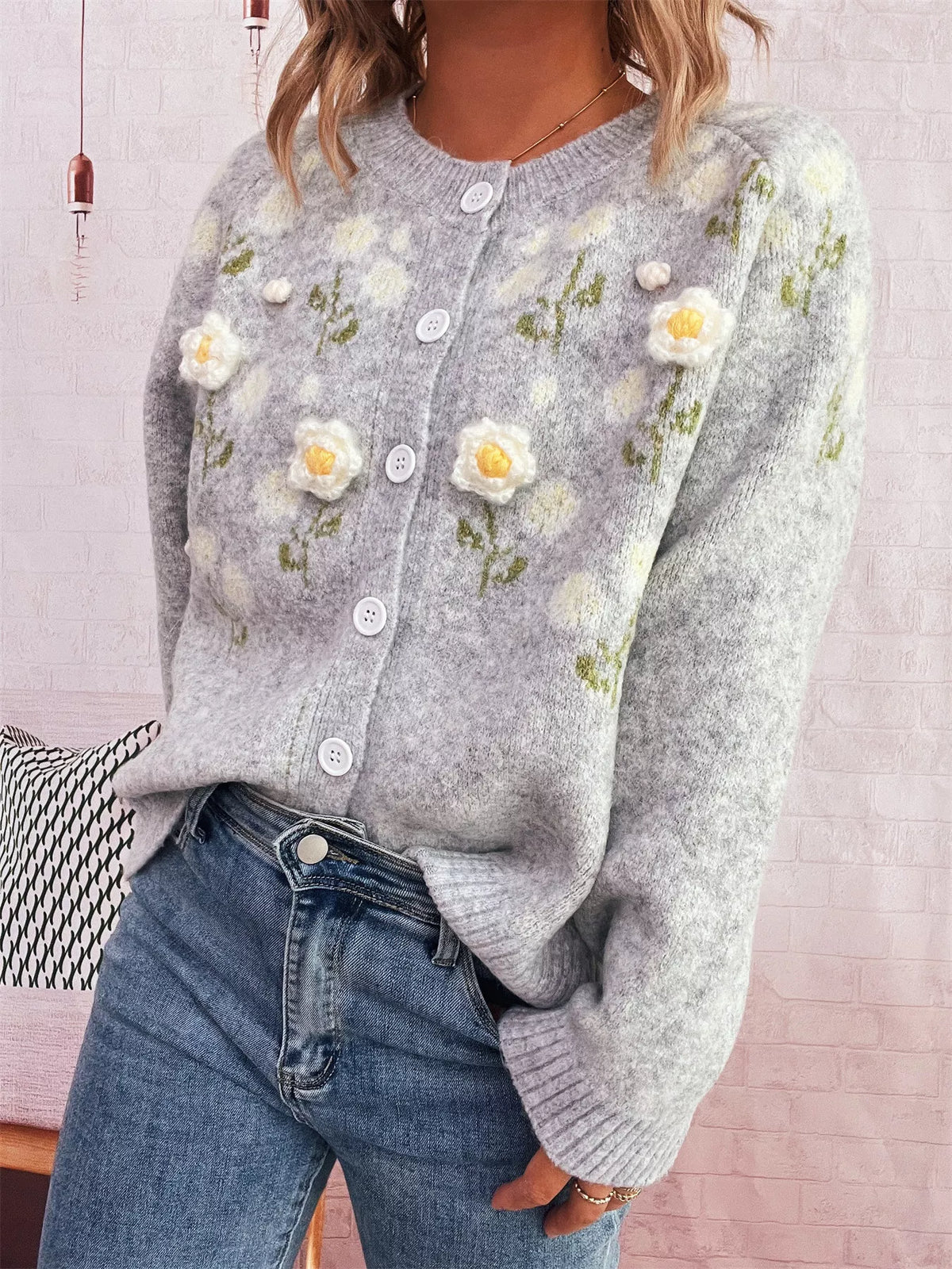 Flower Button Up Long Sleeve Cardigan