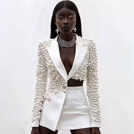 Womens Fashionable Deep V-Neck Heavy-Detailed Beaded Blazer And Skirt Set See size chart under “more details”