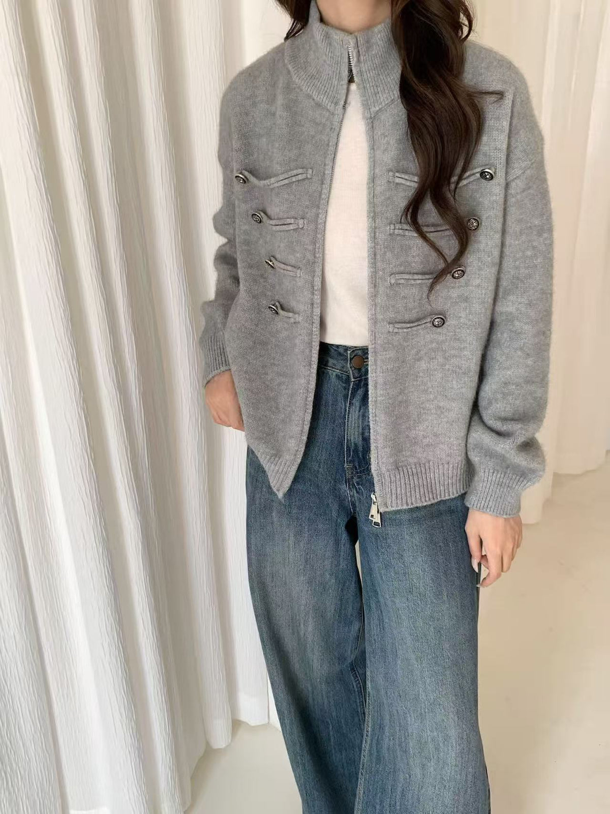 Women Niche-Design Cropped Knit Cardigan New Autumn-Winter Stand-Collar Double-Zipper Sweater Coat
