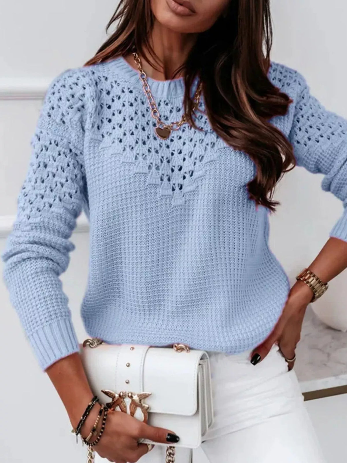 Textured Openwork Round Neck Sweater
