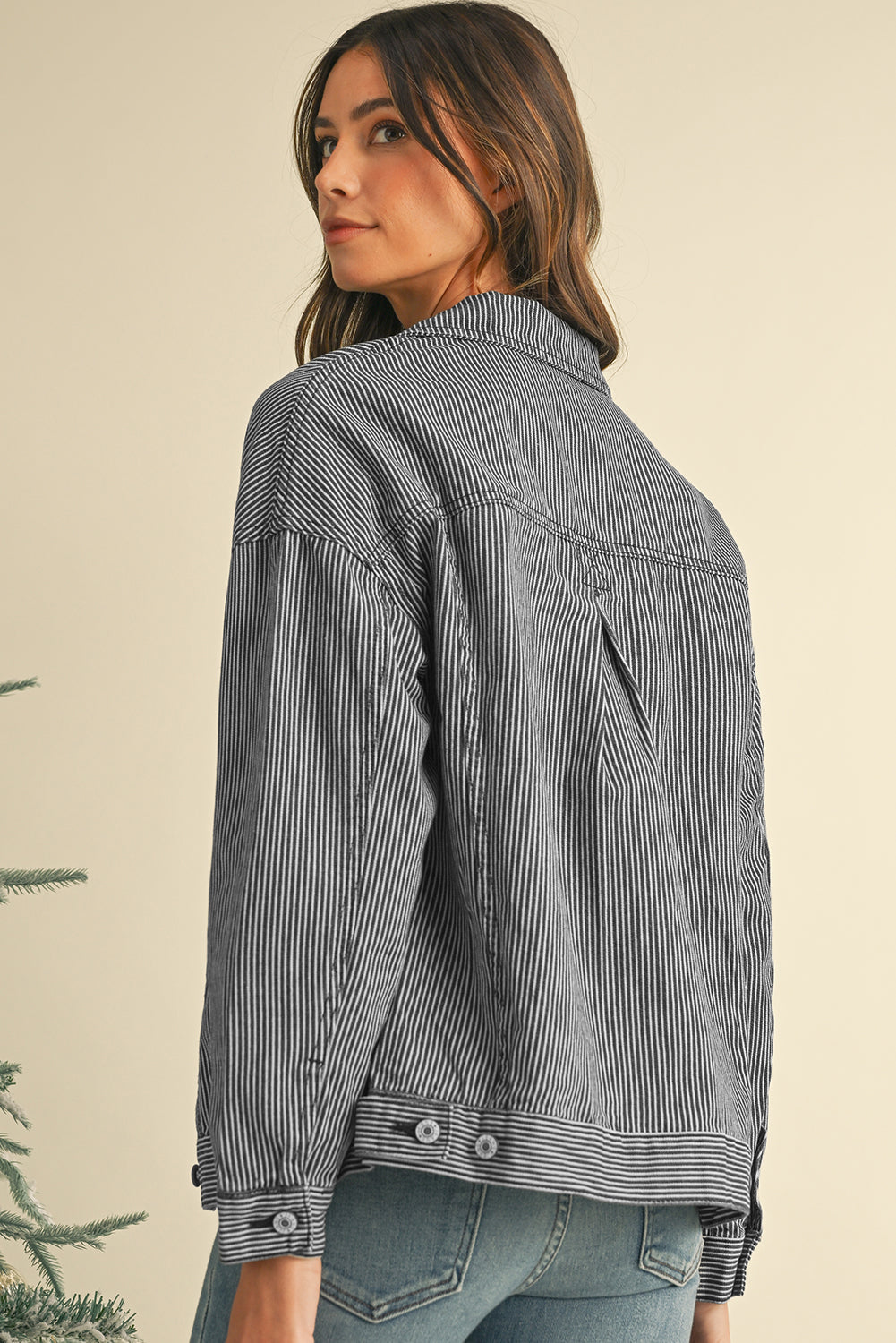Chaqueta vaquera oversize con bolsillo, lavada a la piedra, a rayas azules