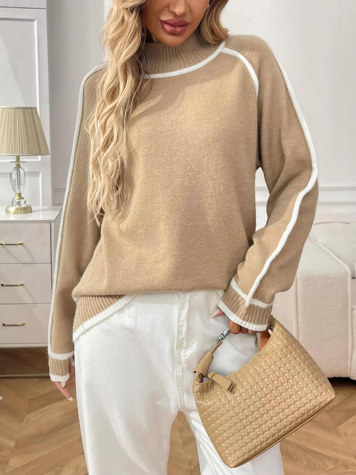 Contrast Trim Turtleneck Long Sleeve Sweater