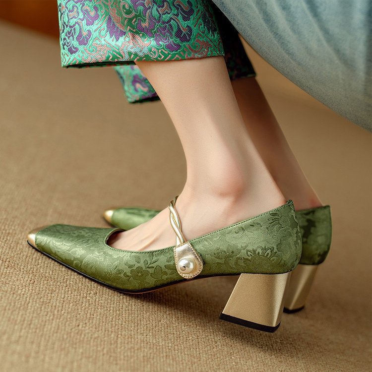 Embossed Silk Kitten Heels with Pearl Strap