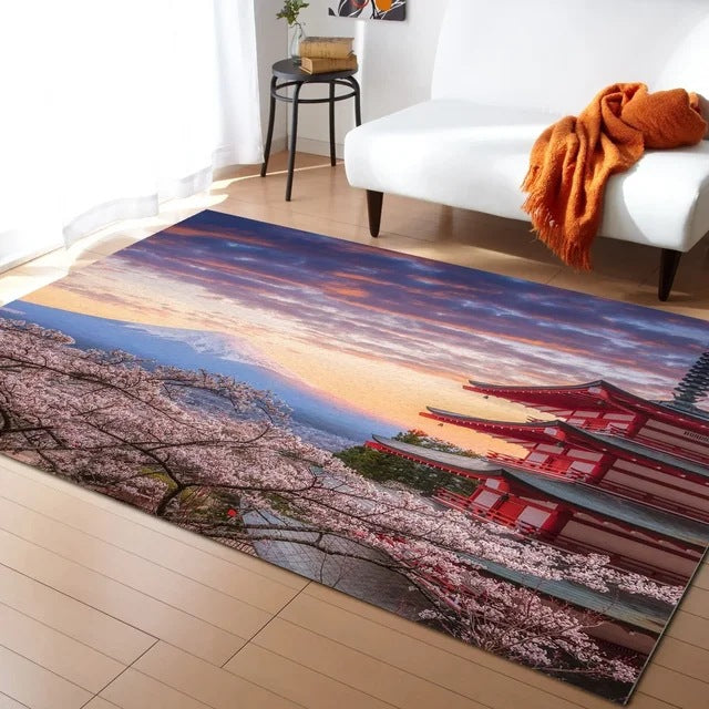 Pastel Cherry Blossom And Crescent Moon Non-Slip Flannel Floor Mat Home Rug Decoration