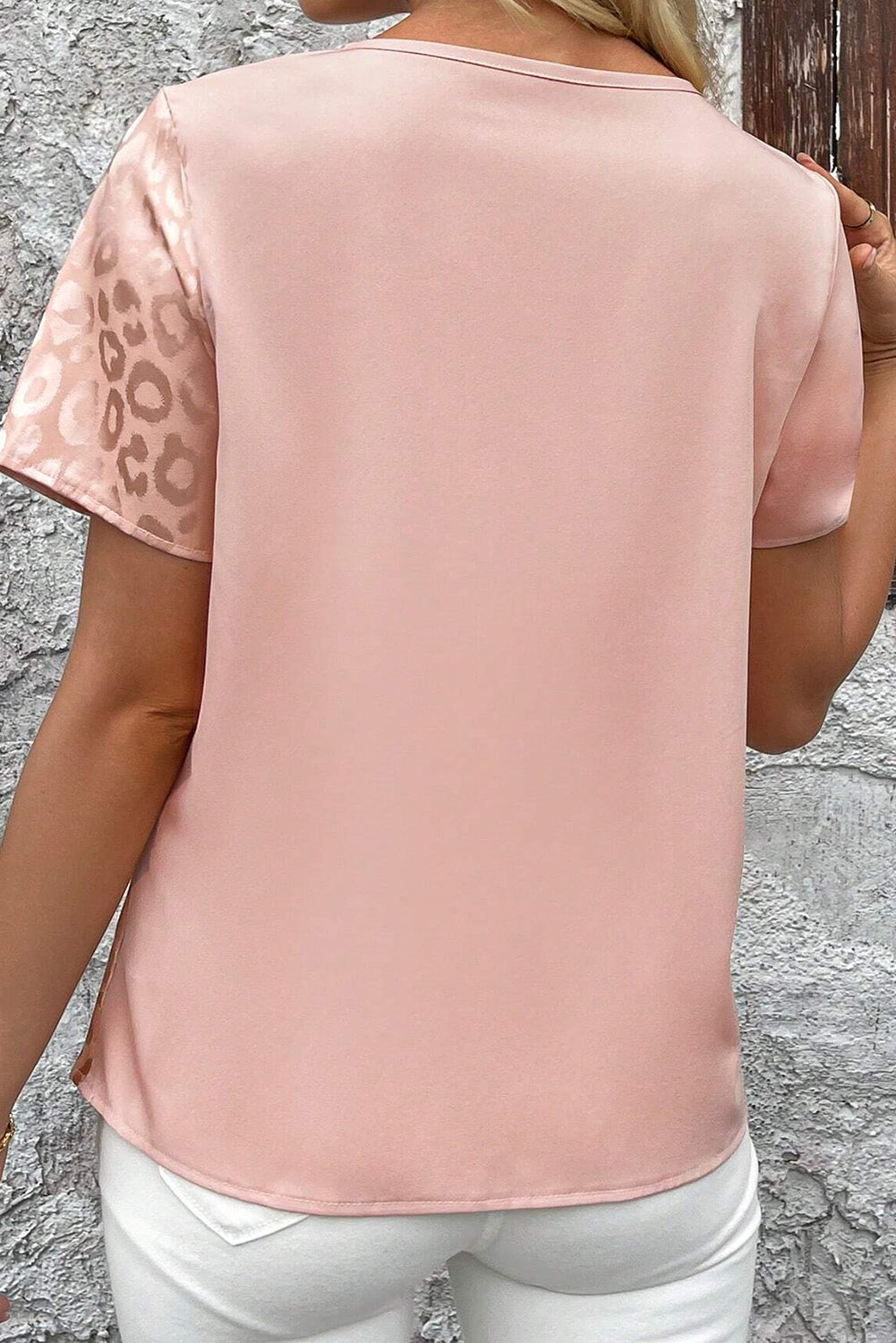 Blusa con tiras cruzadas y cuello en V, estilo patchwork de leopardo rosa albaricoque