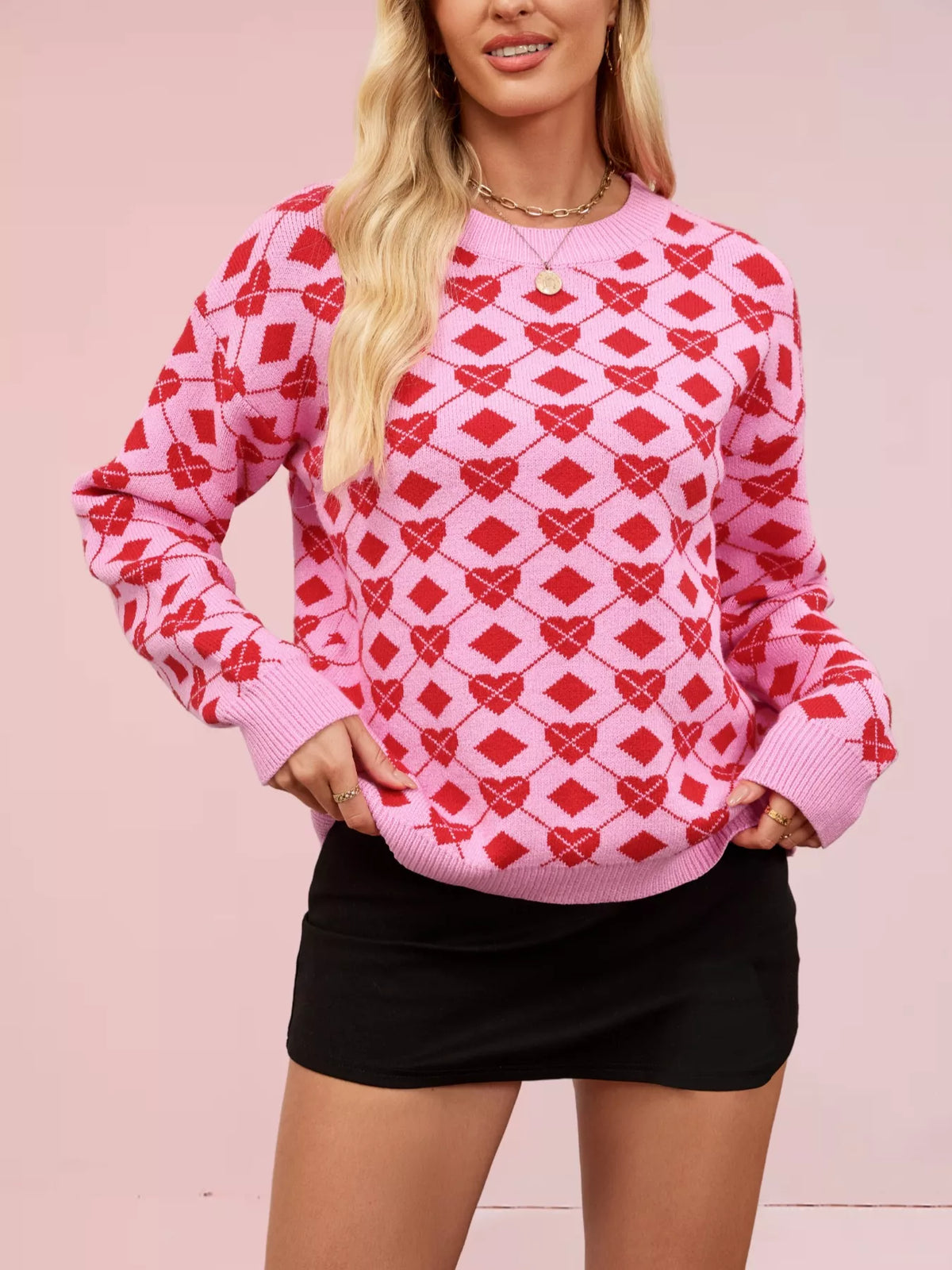 Heart & Diamond Pattern Long Sleeve Sweater