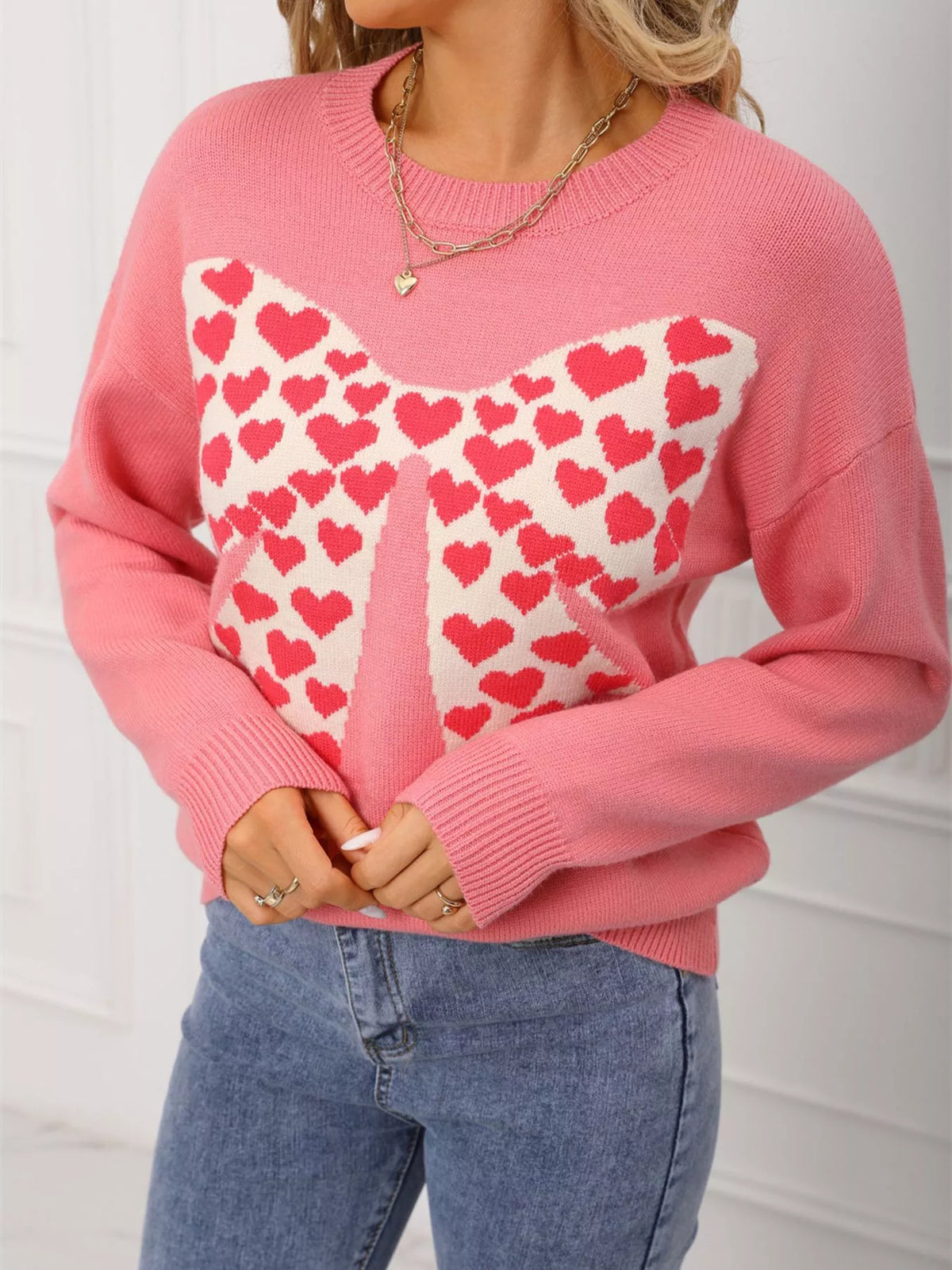 Valentine's Day Heart Bow Round Neck Sweater