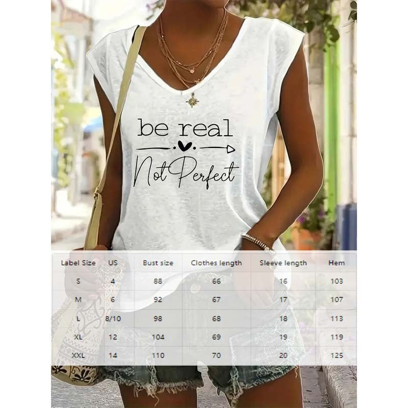 Camiseta de Mujer con Estampado de Slogan y Cuello en V, Manga Corta, Estilo Casual y Cómodo para Verano