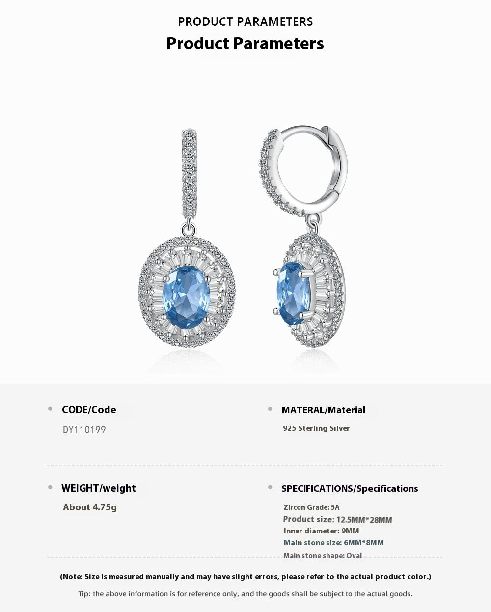 S925 Pure Silver Aquamarine Women's Earrings