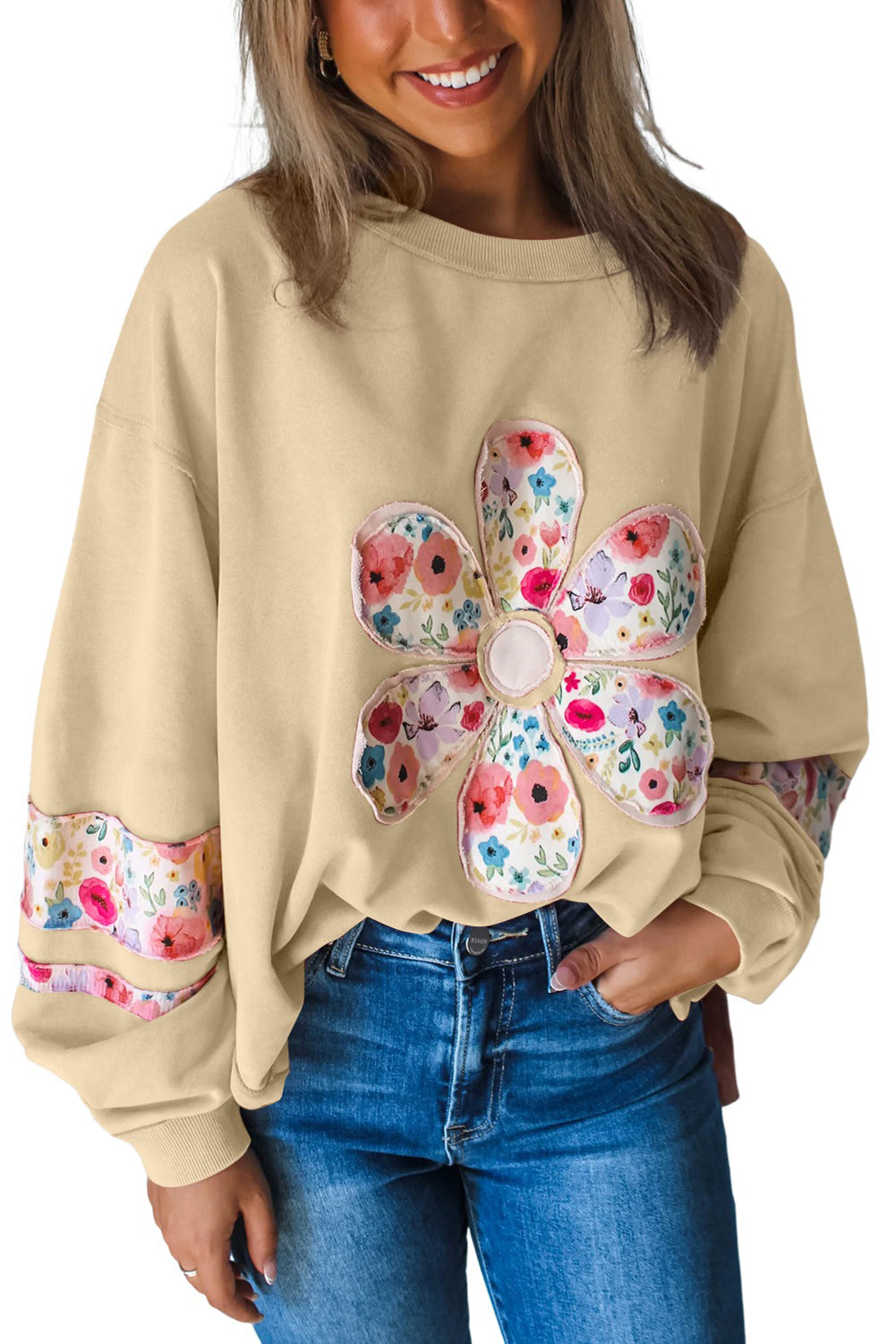 Sudadera tipo jersey con apliques de flores de glicinia y mangas caídas en patchwork
