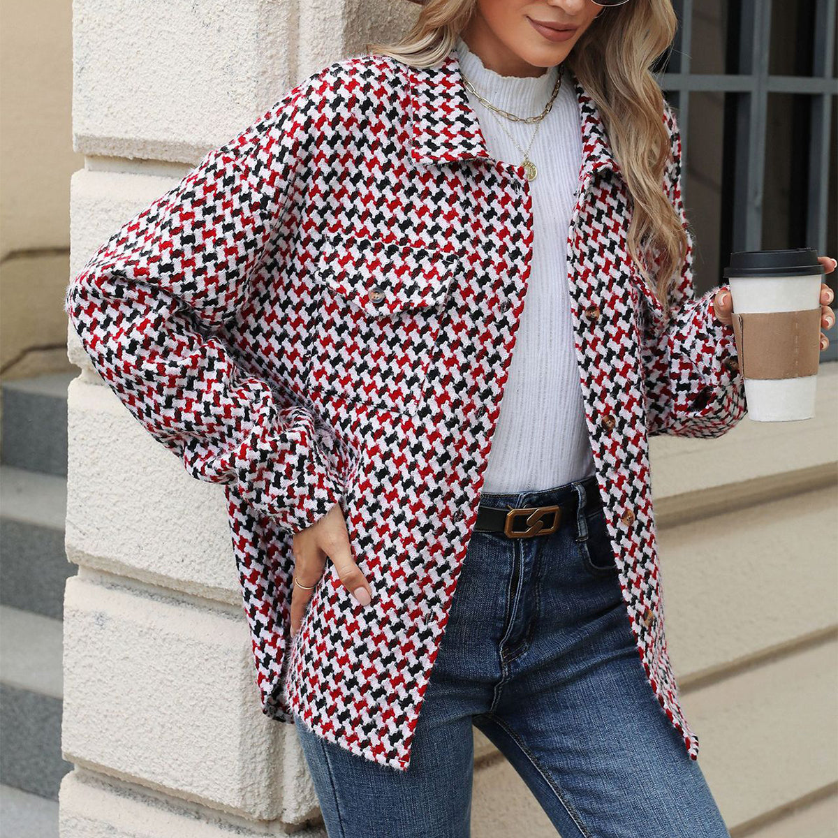 Gabardina de tweed con solapa de pata de gallo, abrigo casual de manga larga suelto con bolsillos, prendas de abrigo para mujer. Ver tabla de tallas en "más detalles".