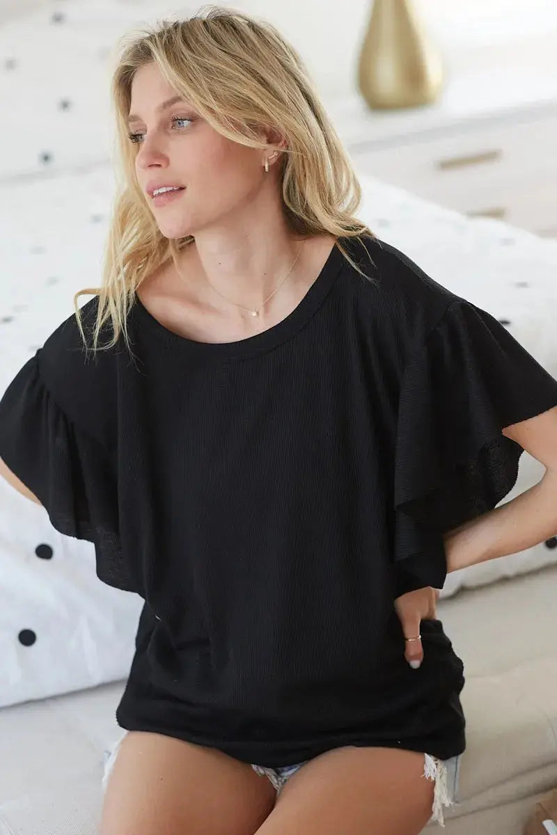 Women's Thermal Knit Top Thermal Top - Knit Ruffle Sleeve - Women's
