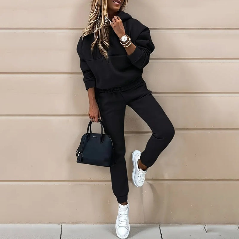Conjunto de sudadera con capucha y pantalón de dos piezas de color liso para mujer