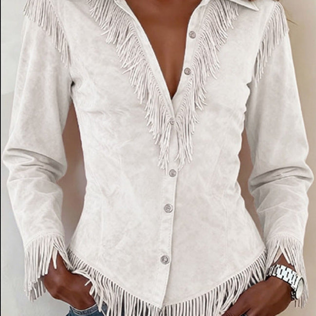 Women's Western Style Suede Fringed Slim Fit Long Sleeve Shirt