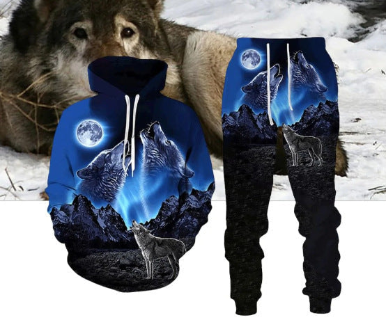 Traje de sudadera con capucha y pantalones con estampado digital de lobo para hombres y mujeres