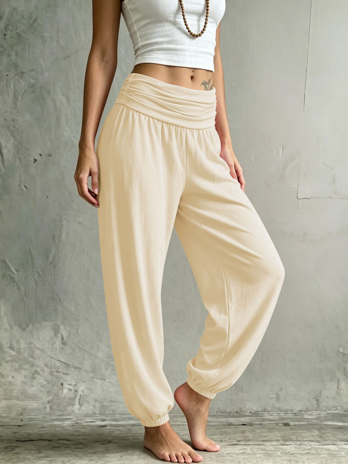 Summer Women Fold Over Waist Joggers, Soft Stretchy Loose Harem Pants Casual Daily Lounge Tapered Sweat Pants