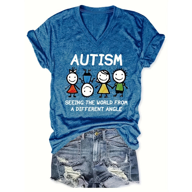 Camiseta con cuello de pico con estampado de letras "AUTISMO" y niños de dibujos animados