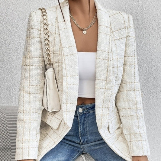 Chaqueta de Traje de Lino para Mujer de Color Sólido con Diseño de Bolsillo Falso y de Moda