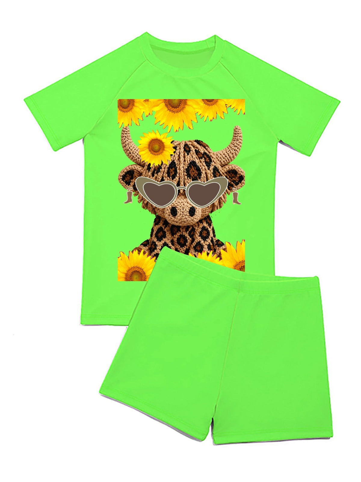 Yarn Highland Cow with Sunflowers Short Sleeved 2-piece Swim Set for Children