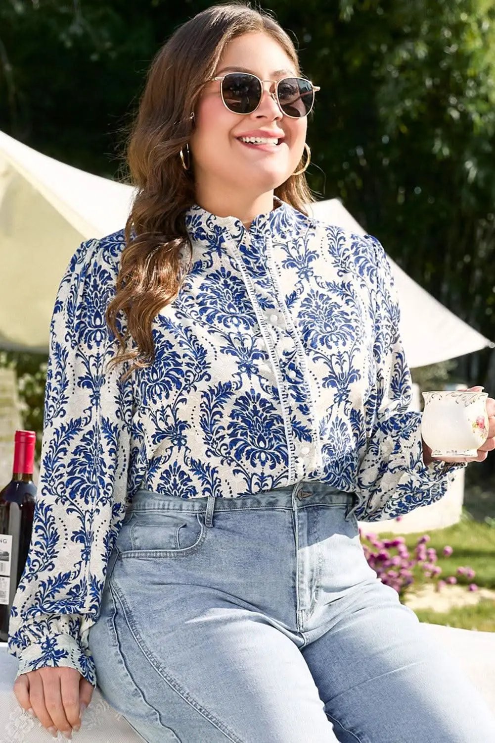 Love Salve Tribal Print Plus Shirt Sky Blue — Versatile Woven Top