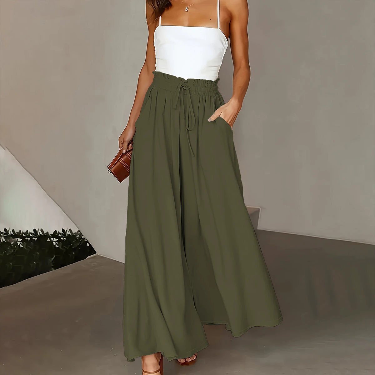 Plus Size Wide Leg Pants - Stylish Solid Paper Bag Waist Design, Elegant Pocket Tie Front, Loose Fit For Comfort, Perfect For Spring & Summer, Women's Fashionable Clothing For Curvy Figures