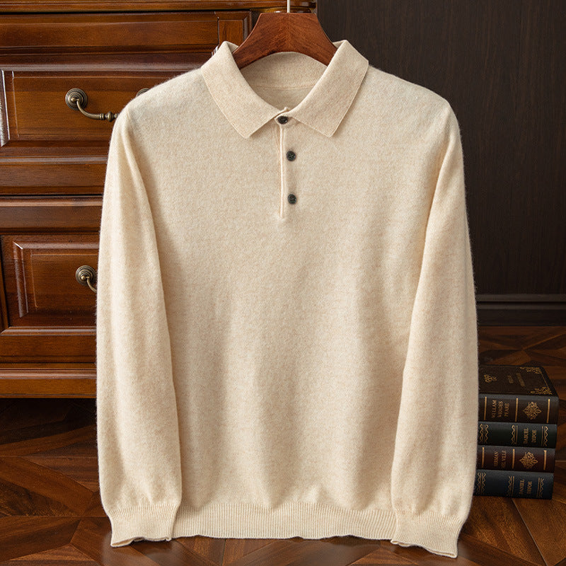 Mens Solid-Color Long-Sleeve All-Wool Polo-Neck Sweater