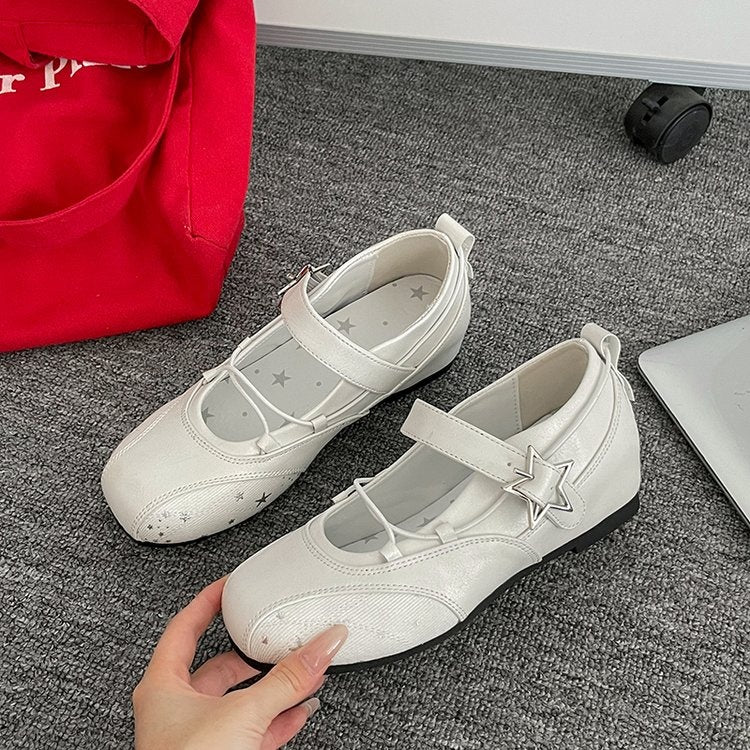 White Star Embroidery Mary Jane Flats Women Square Toe Buckle Strap Ballet Flat Shoes
