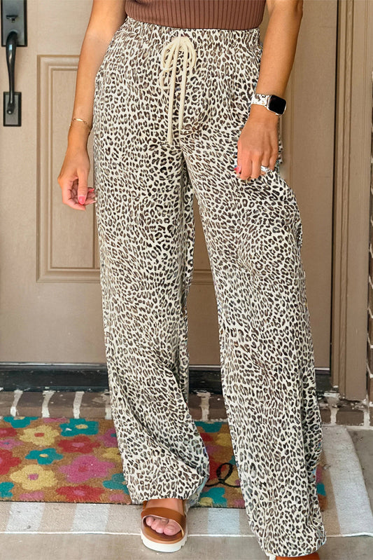 Pantalones Sueltos con Cordón Estampado Leopardo Marrón