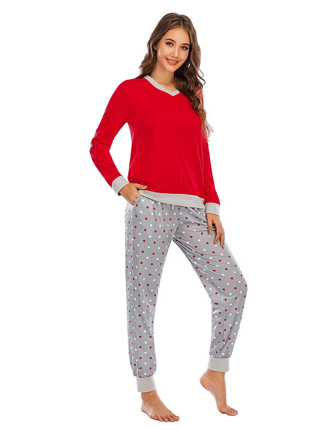 Conjunto de top de manga larga y pantalones de lunares