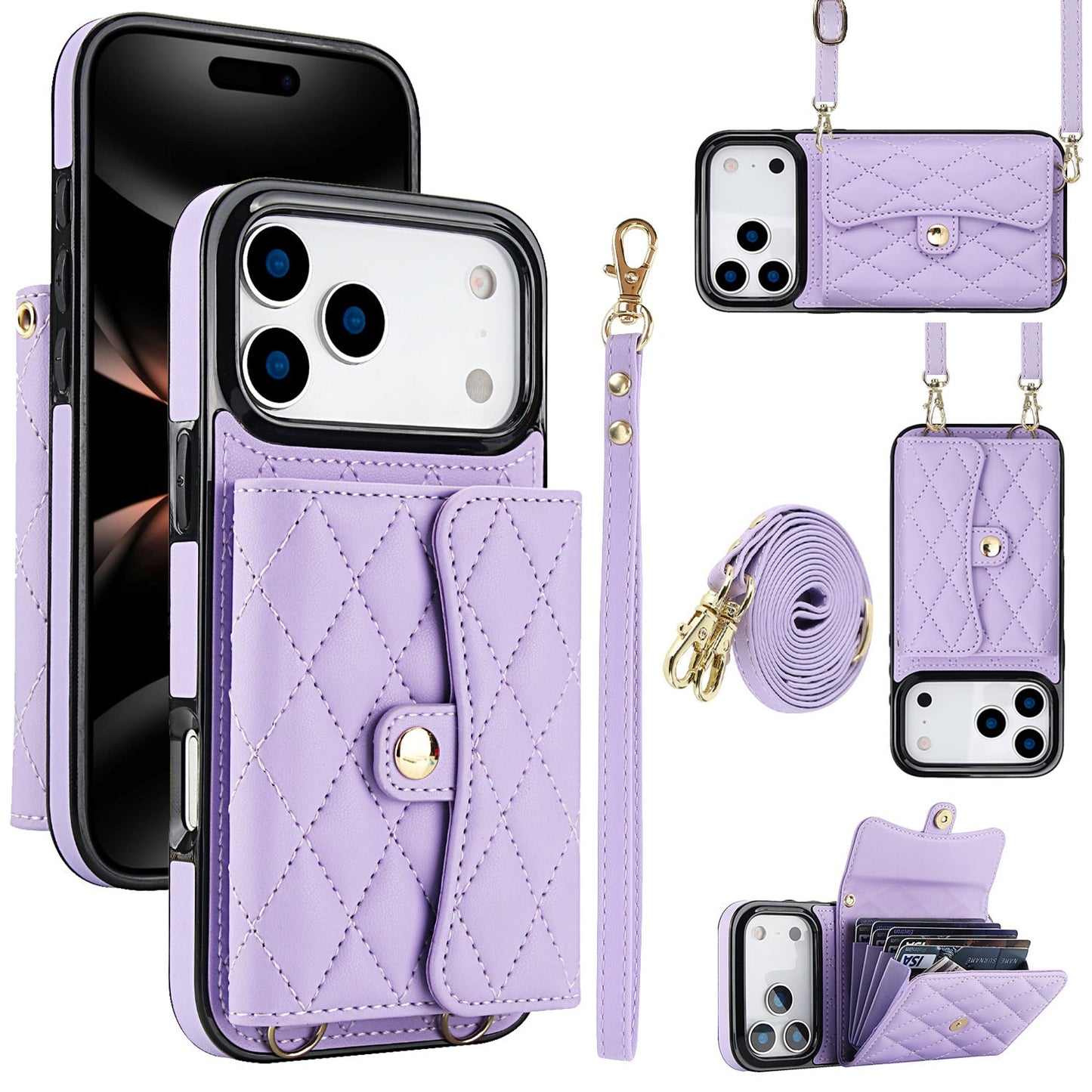 Phone Case Protective Leather Cover Crossbody Shoulder Strap Quilted Chanel-style