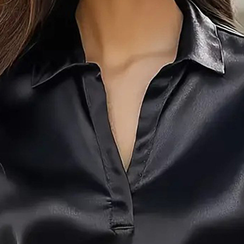 Blusa informal de negocios con cuello en V para mujer – Camisa de manga larga de corte relajado