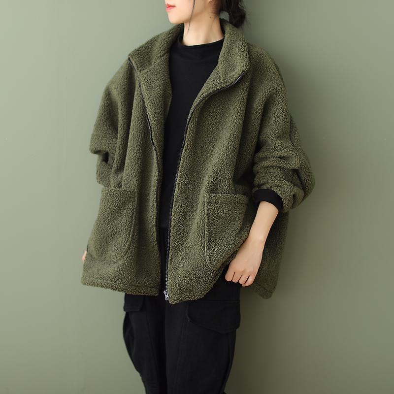 Plus-size Loose-fitting Long-sleeve Womens Casual Lambswool Coat