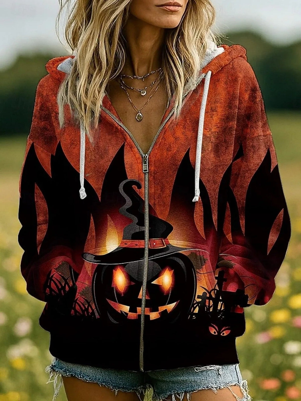 European And American Style Halloween Hooded Cardigan Women's Top Creative Skull Floral Wing Print Ladies Zip-Up Jacket