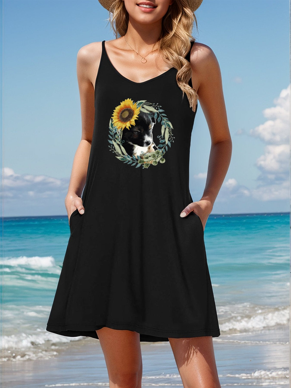 Cute Black Puppy Sleeveless Short Cami Dress (Front Printing)