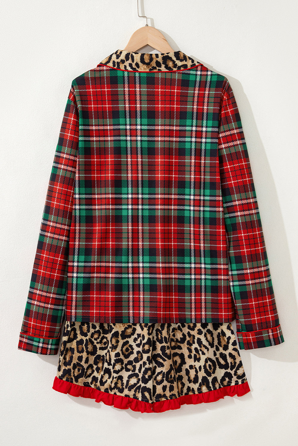 Conjunto de pijama de manga larga y pantalón corto con estampado de leopardo a cuadros retro en rojo de carreras y retales