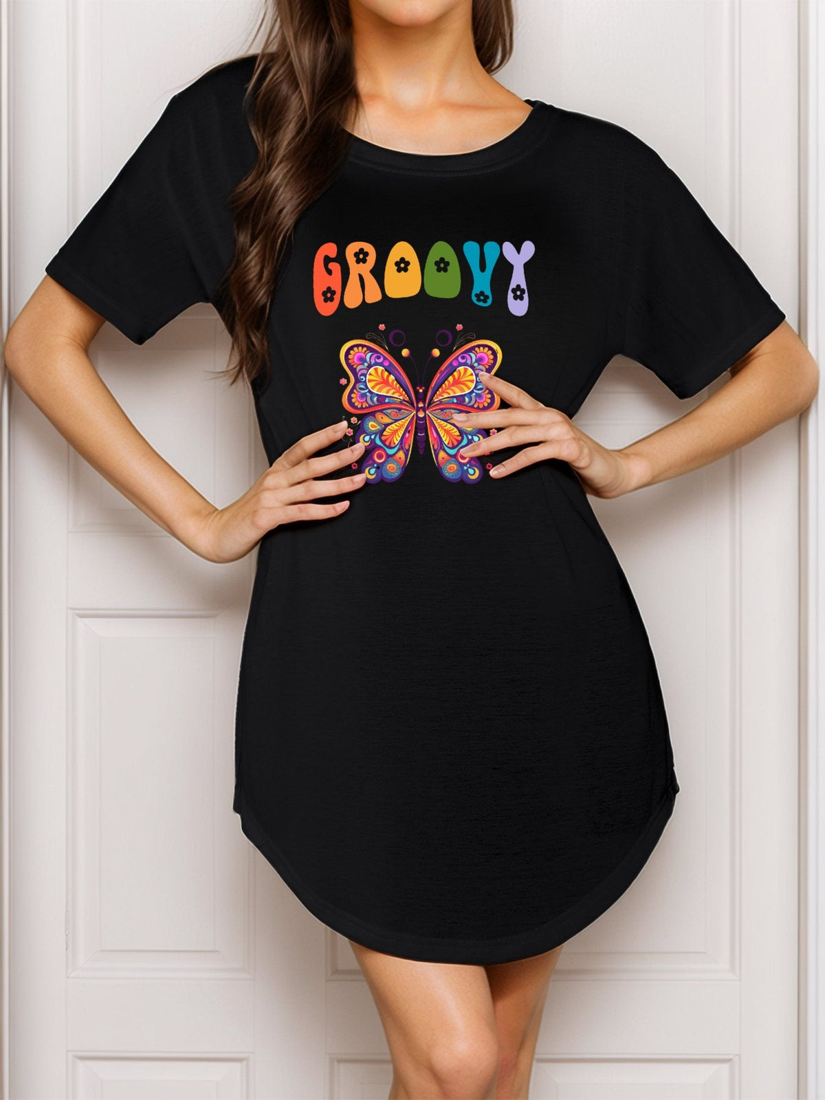 Groovy Butterfly Casual Summer T-Shirt Nightgown for Women (Front Printing)