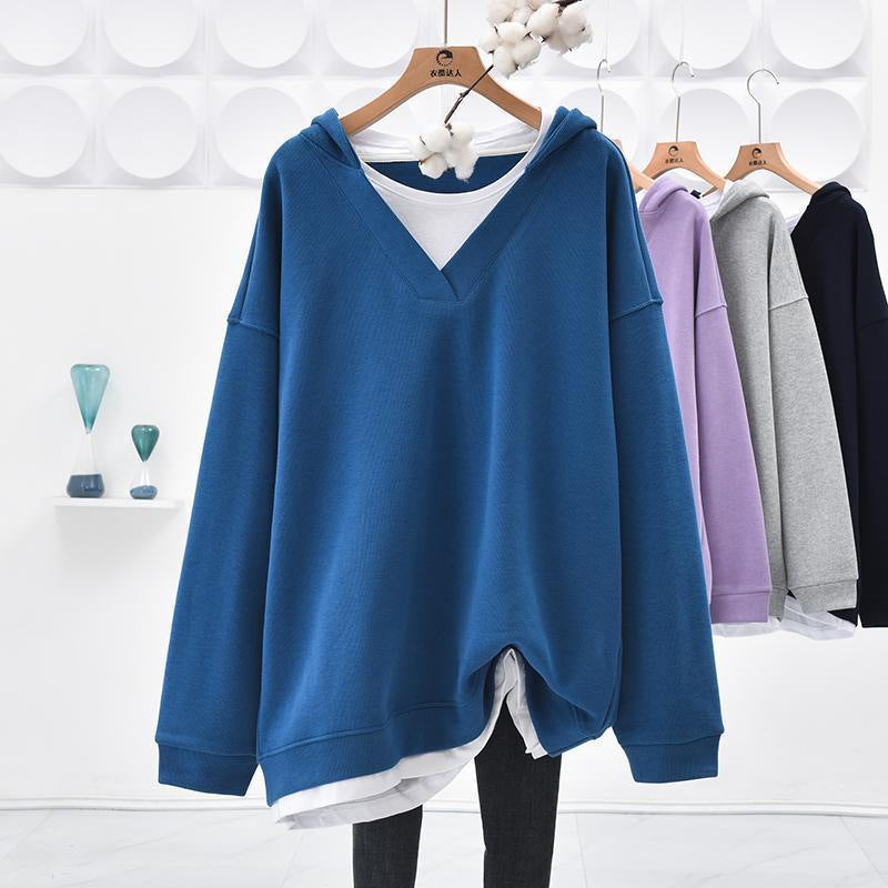 V-neck Faux Two-piece Mid-length Hooded Sweatshirt With Tummy-covering Design