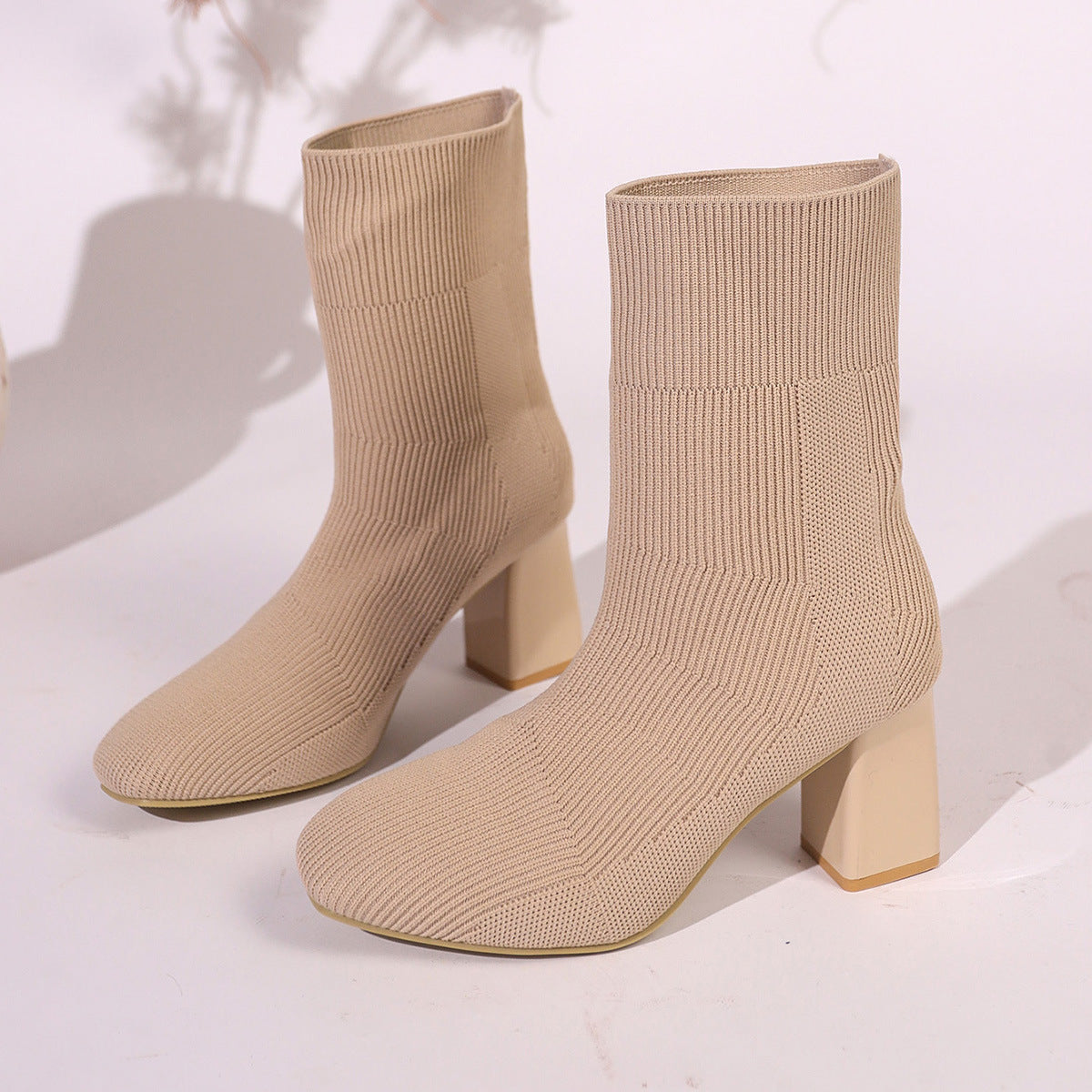 Knitted Round-Toe High-Heel Sock Boots