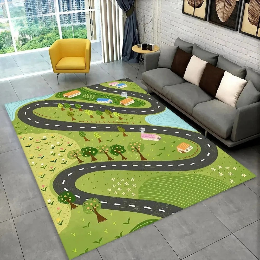 Fun Racing Track Flannel Floor Mat Non-Slip Home Decor Rug For Kids Rooms And Play Areas