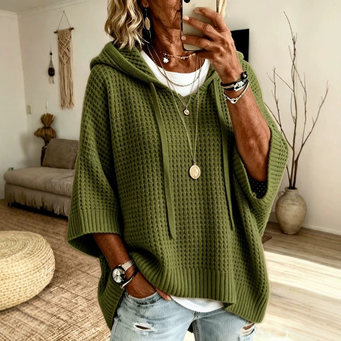 Womens Solid-color Casual Loose-fitting Hooded Sweater